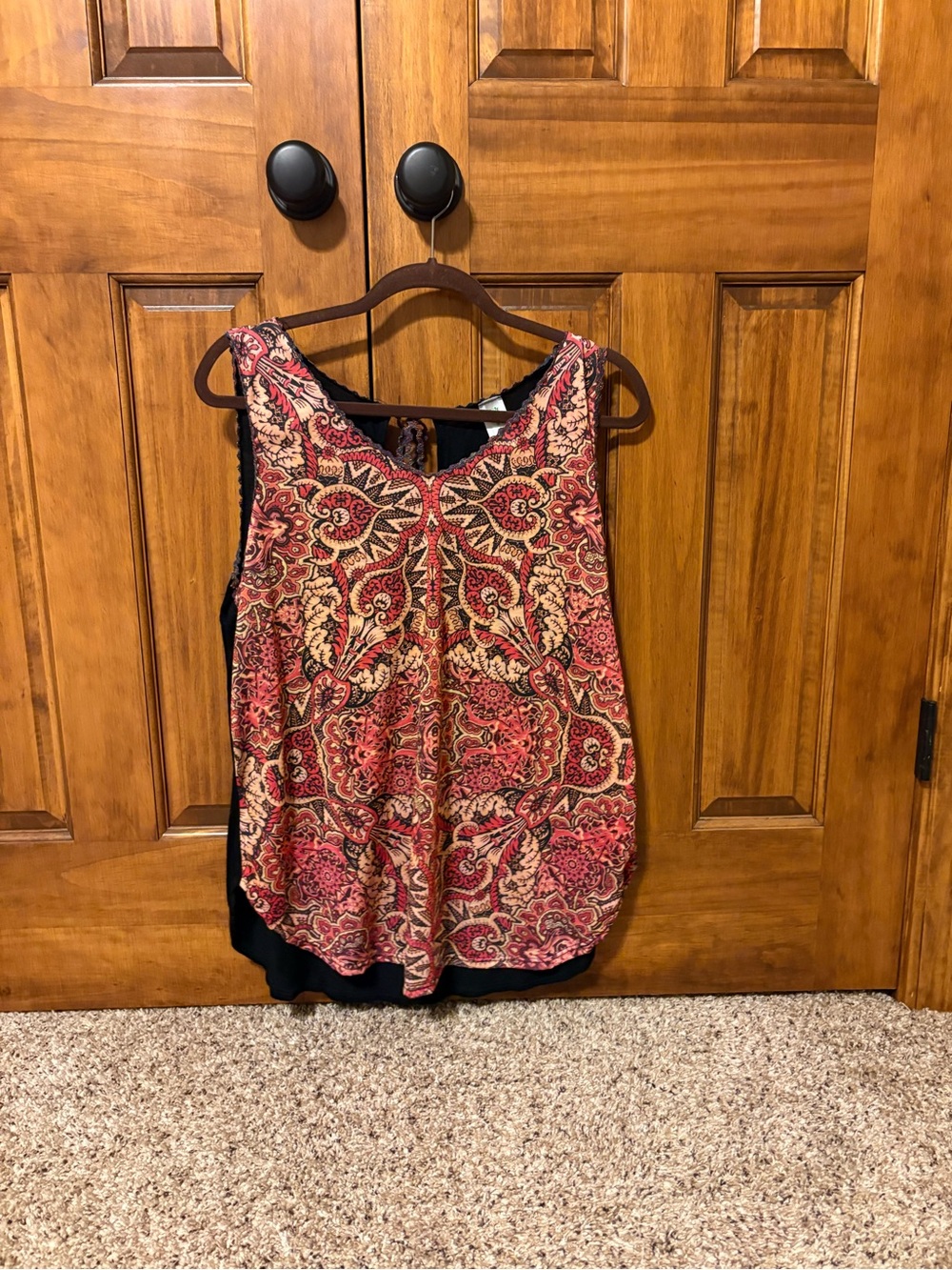 Sleeveless Paisley Tank Top in Red and Cream with Black Back and Tie